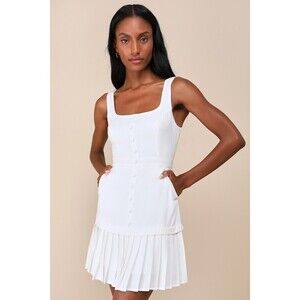 Lulus Poised And Chic White Linen Pleated Mini Dress With Pockets - Size L